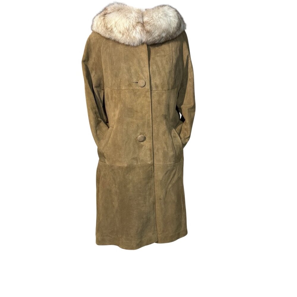 1950s Suede Trench Coat- Genuine Fox Fur Collar - ILGWU Union Made- Vintage USA